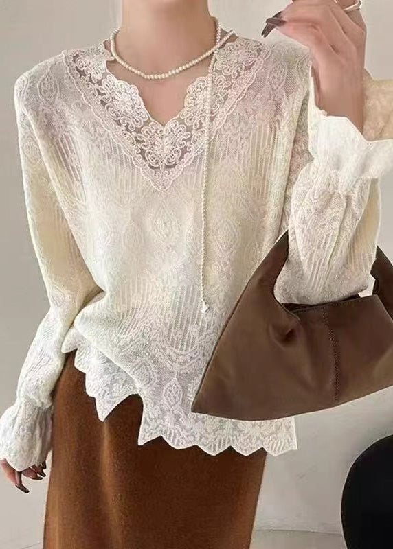 French Apricot V Neck Lace Patchwork Knit Tops Autumn