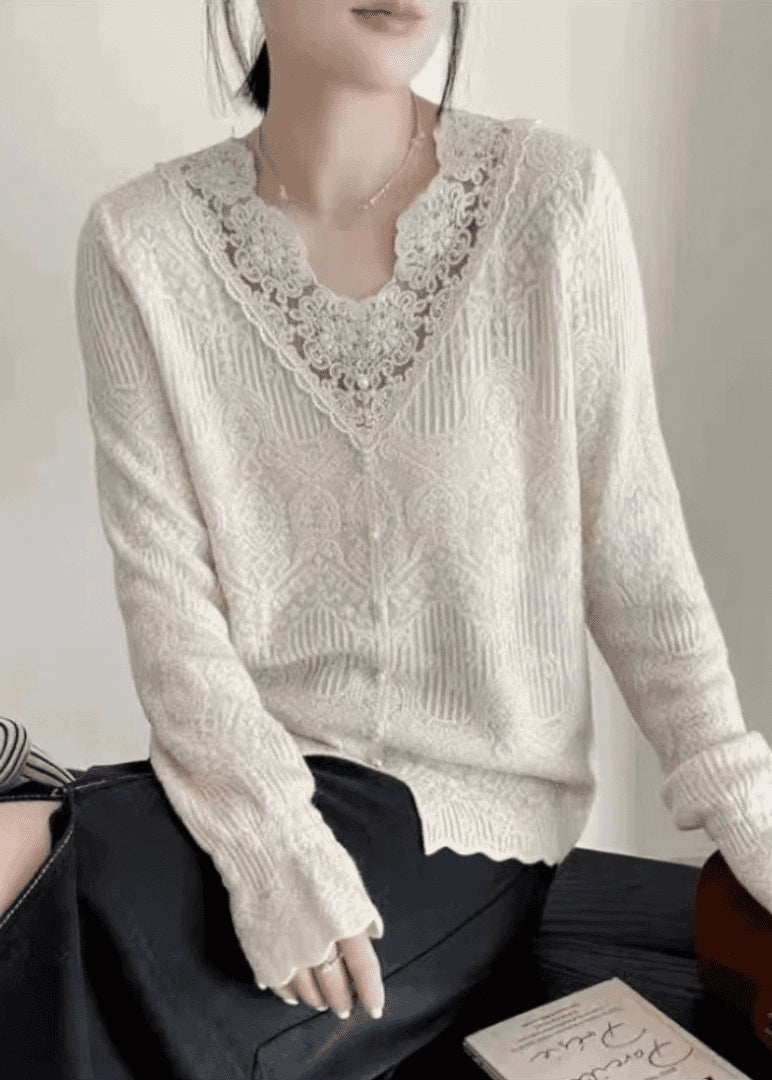 French Apricot V Neck Lace Patchwork Knit Tops Autumn