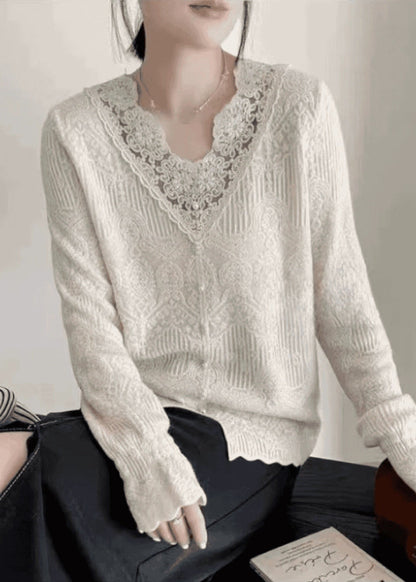 French Apricot V Neck Lace Patchwork Knit Tops Autumn