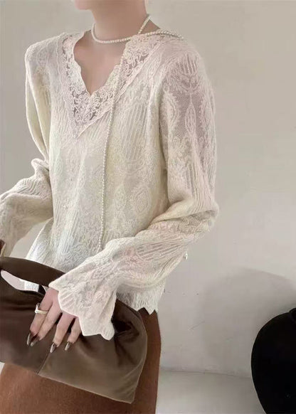 French Apricot V Neck Lace Patchwork Knit Tops Autumn