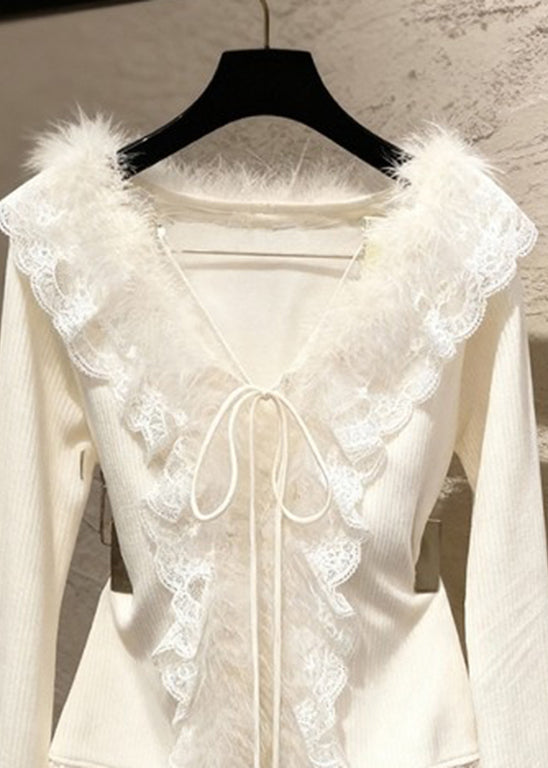French Apricot V Neck Lace Patchwork Tie Lace Cotton Knit Sweater Spring