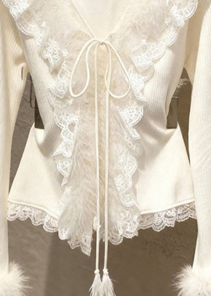 French Apricot V Neck Lace Patchwork Tie Lace Cotton Knit Sweater Spring