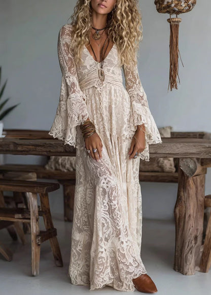 French Apricot V Neck Ruffled Lace Long Dresses