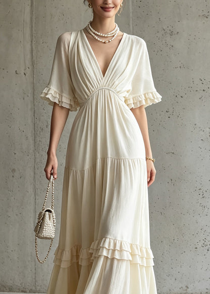 French Apricot V Neck Ruffled Patchwork Cotton Dress Summer