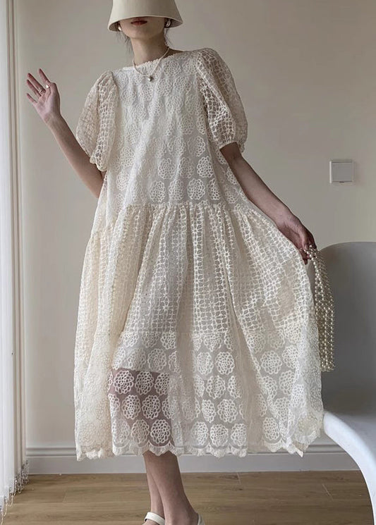 French Apricot Wrinkled Patchwork Lace Long Dresses Puff Sleeve