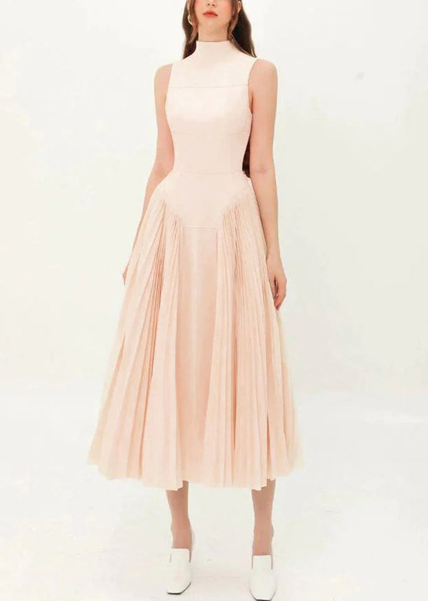 French Apricot Wrinkled Patchwork Spandex Long Dress Sleeveless