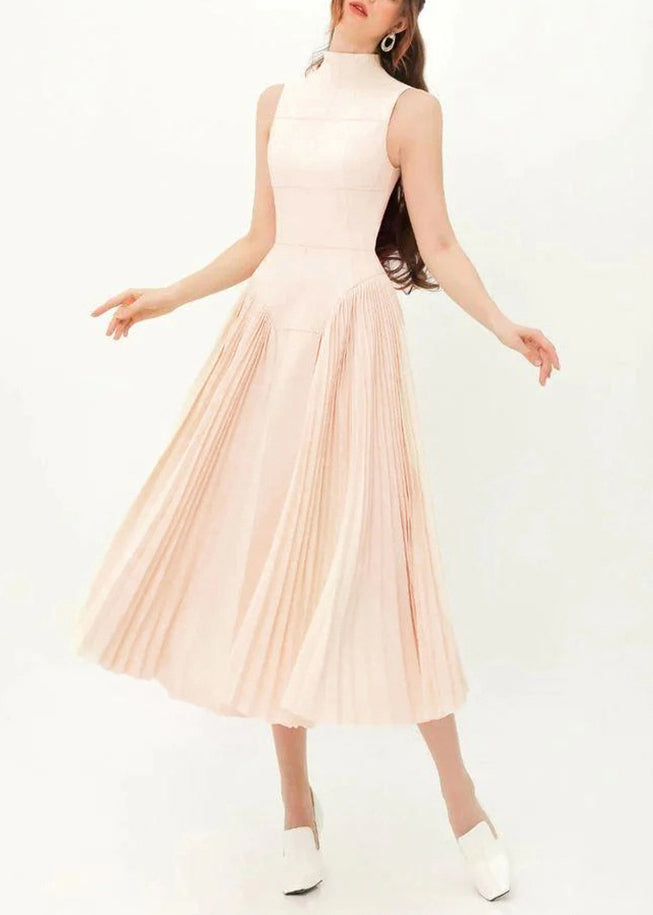 French Apricot Wrinkled Patchwork Spandex Long Dress Sleeveless