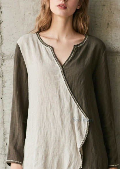 French Army Green Asymmetrical Patchwork Cotton Dress Spring