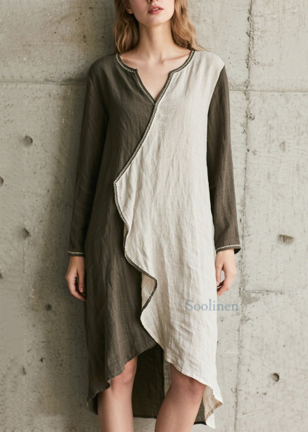 French Army Green Asymmetrical Patchwork Cotton Dress Spring