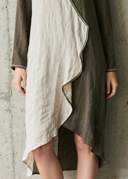 French Army Green Asymmetrical Patchwork Cotton Dress Spring