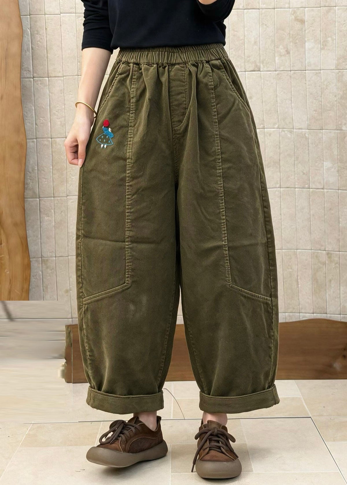 French Army Green Elastic Waist Patchwork Corduroy Pants Fall