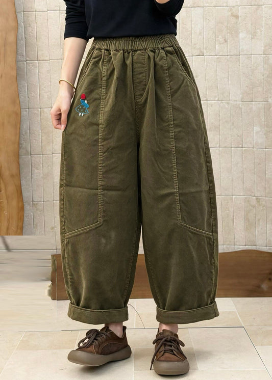 French Army Green Elastic Waist Patchwork Corduroy Pants Fall