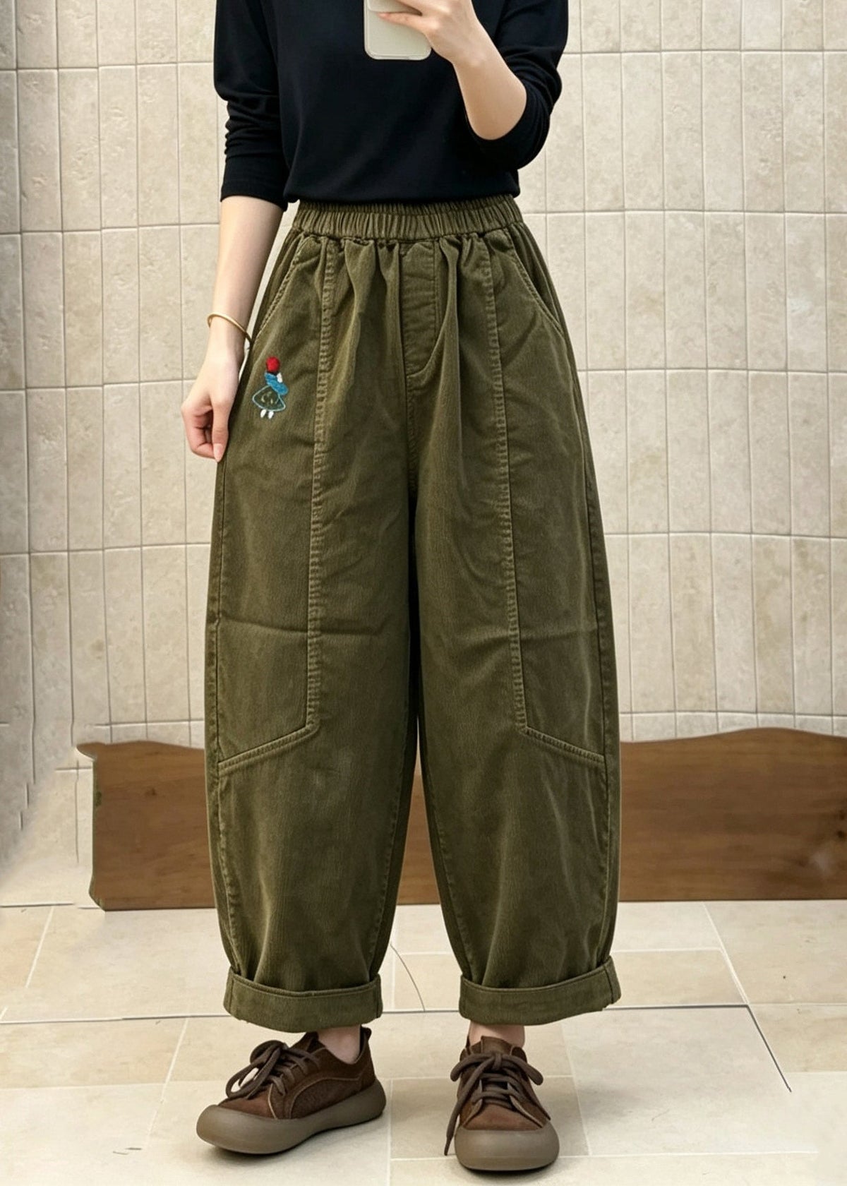 French Army Green Elastic Waist Patchwork Corduroy Pants Fall