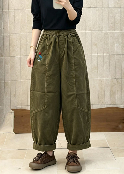 French Army Green Elastic Waist Patchwork Corduroy Pants Fall