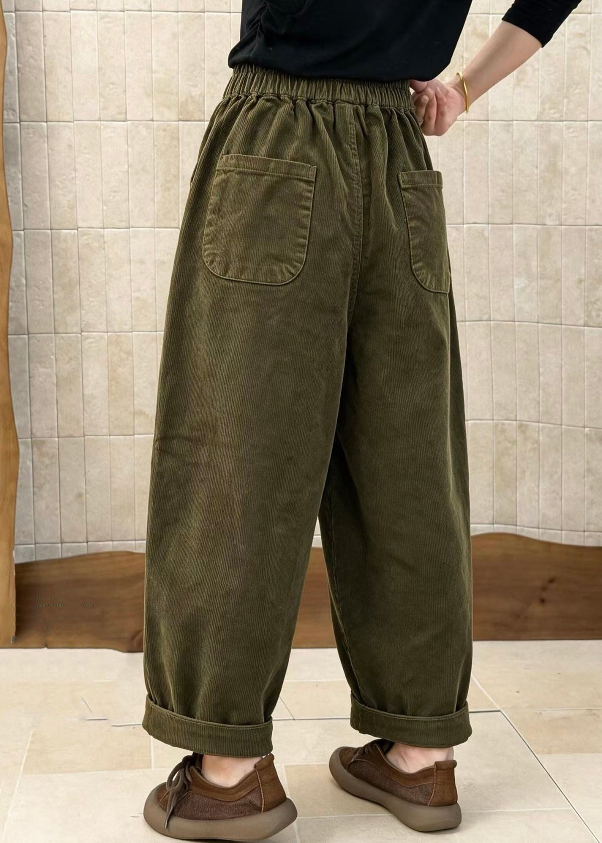 French Army Green Elastic Waist Patchwork Corduroy Pants Fall