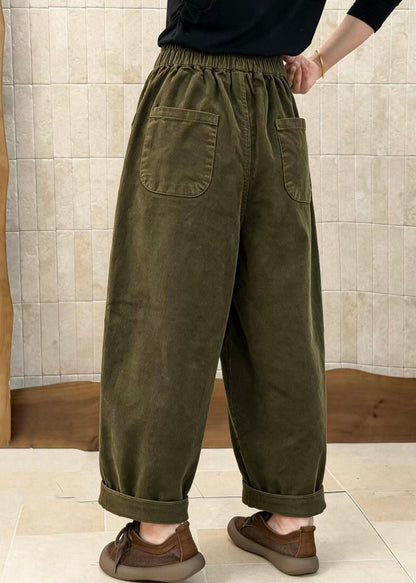 French Army Green Elastic Waist Patchwork Corduroy Pants Fall