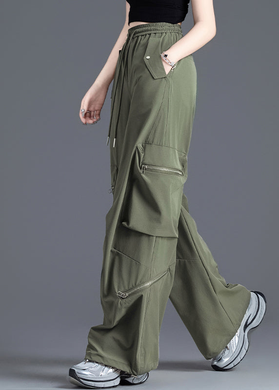 French Army Green Elastic Waist Pockets Nylon Pants Spring