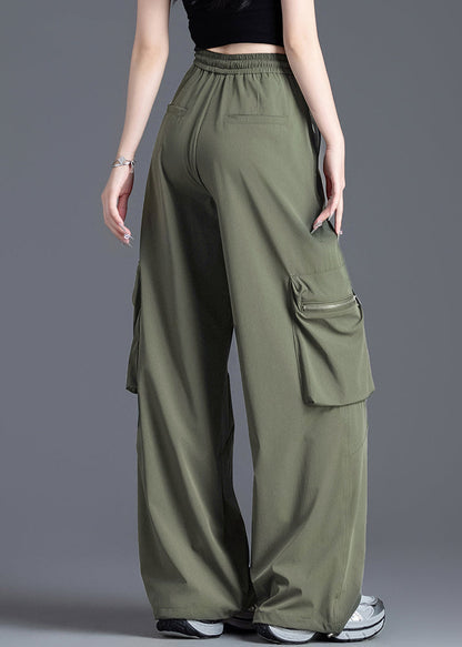 French Army Green Elastic Waist Pockets Nylon Pants Spring