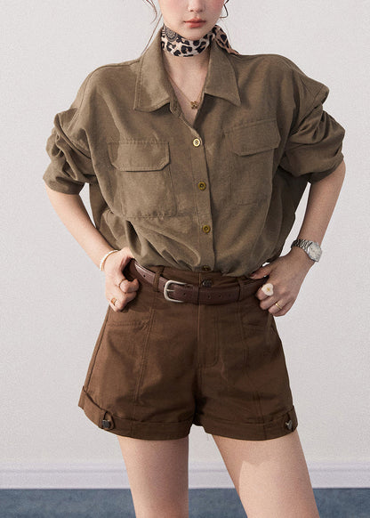 French Army Green Oversized With Pockets Cotton Blouse Tops Fall