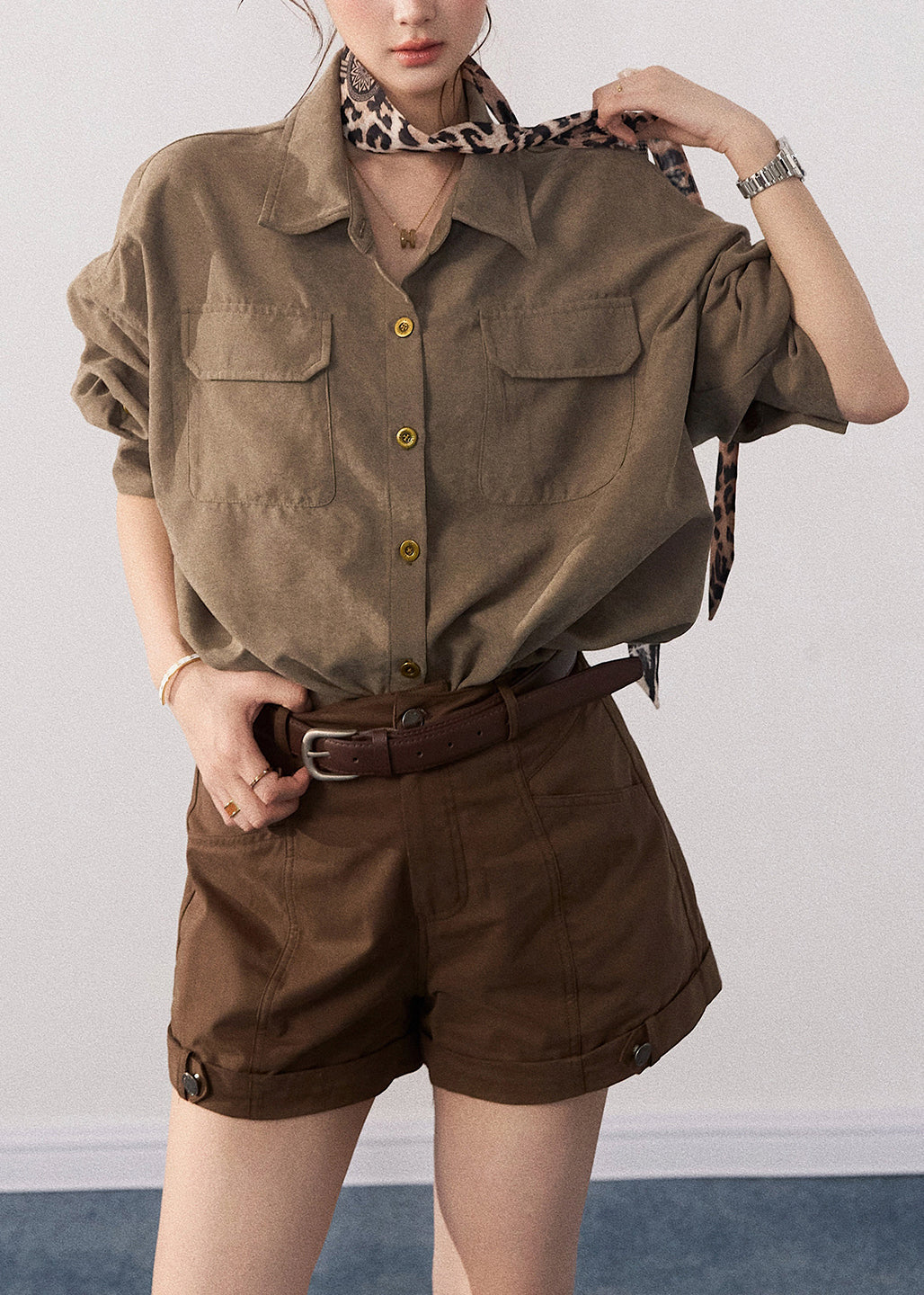 French Army Green Oversized With Pockets Cotton Blouse Tops Fall