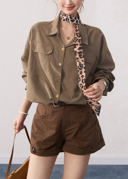 French Army Green Oversized With Pockets Cotton Blouse Tops Fall