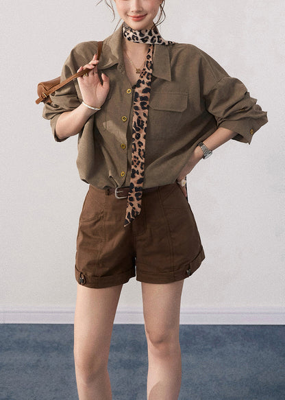 French Army Green Oversized With Pockets Cotton Blouse Tops Fall