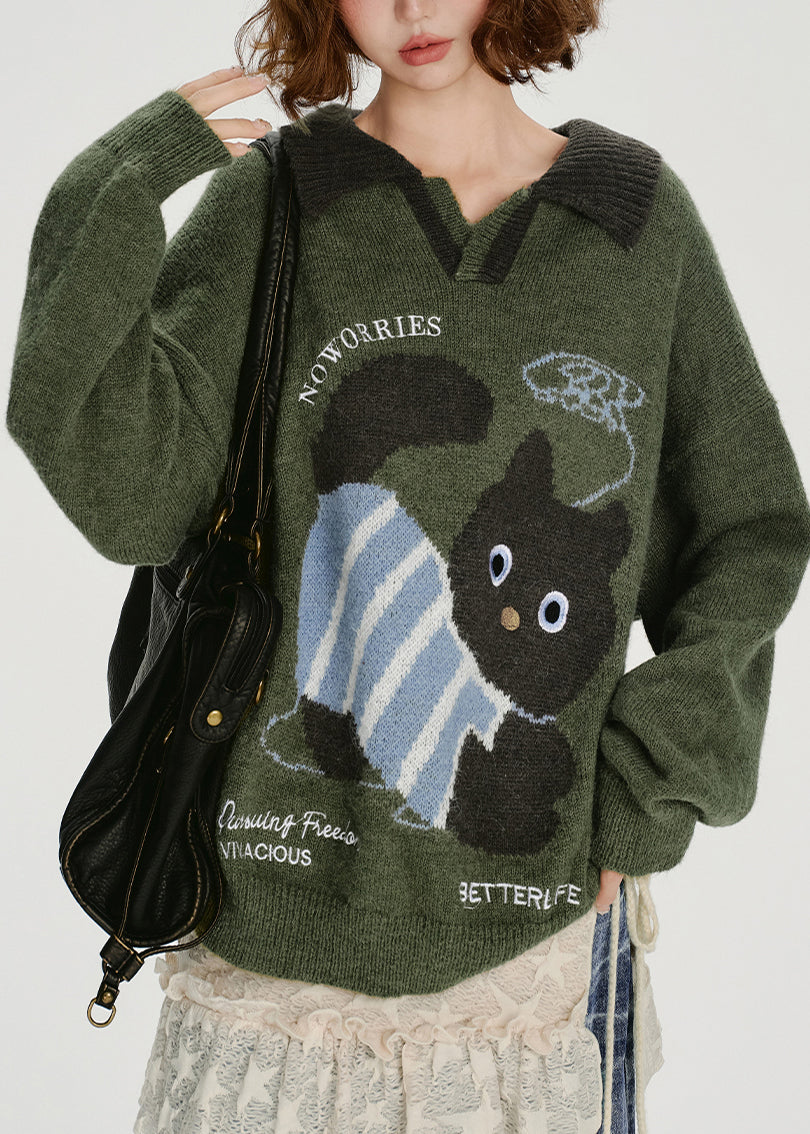 French Army Green Peter Pan Collar Dog Jacquard Knit Tops Winter