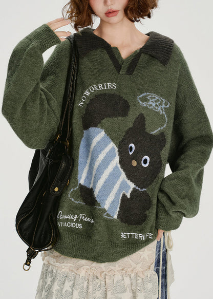 French Army Green Peter Pan Collar Dog Jacquard Knit Tops Winter
