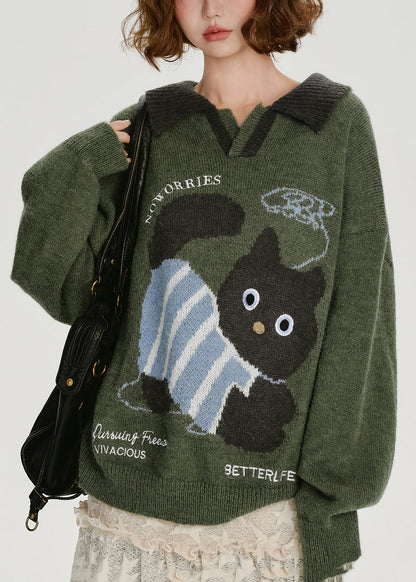 French Army Green Peter Pan Collar Dog Jacquard Knit Tops Winter