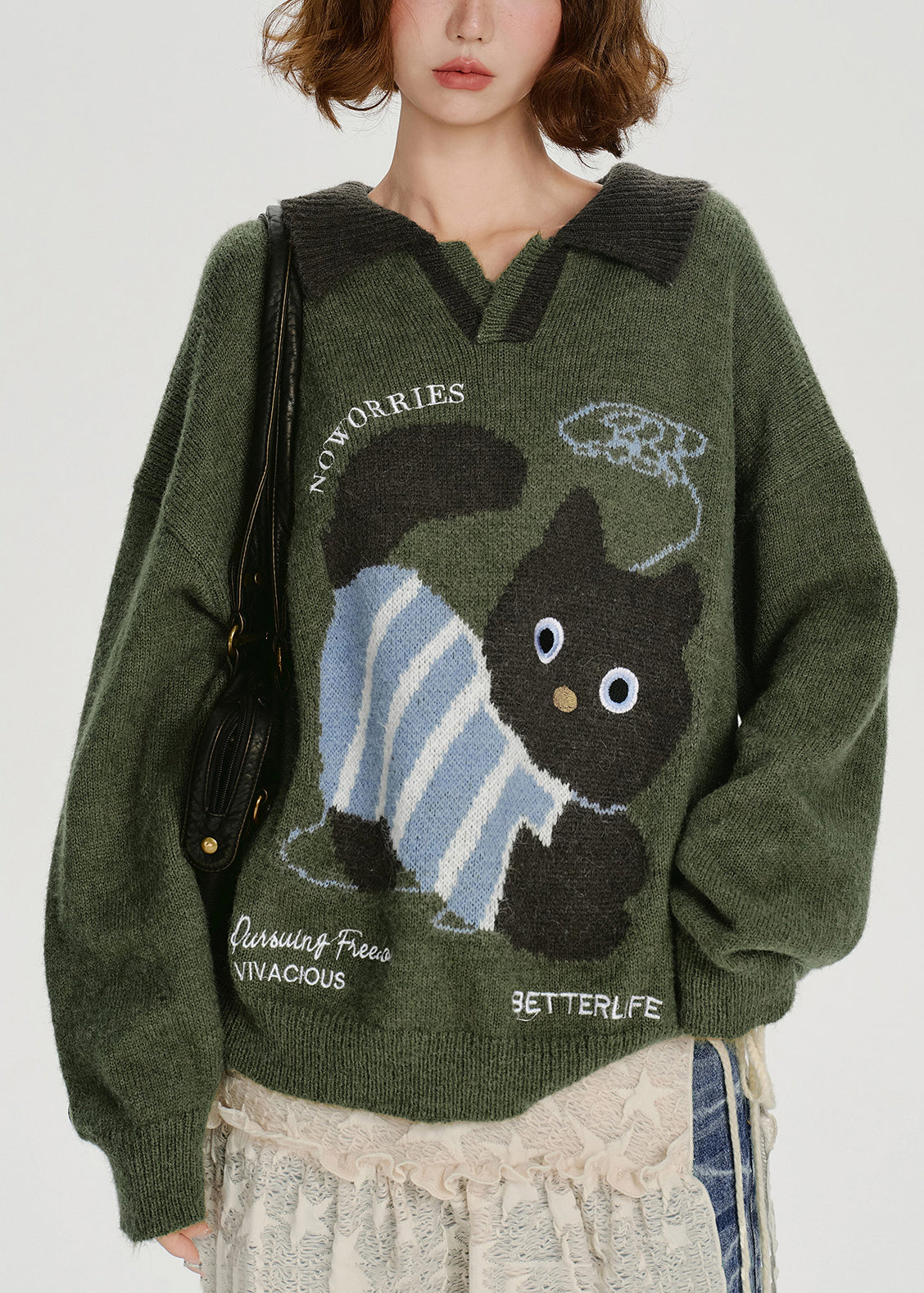 French Army Green Peter Pan Collar Dog Jacquard Knit Tops Winter