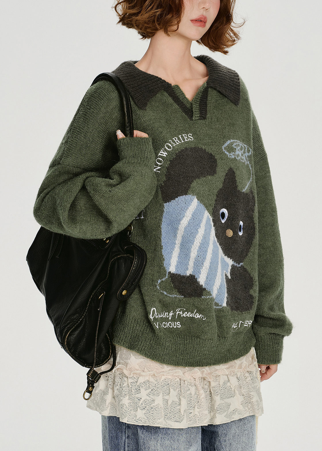 French Army Green Peter Pan Collar Dog Jacquard Knit Tops Winter