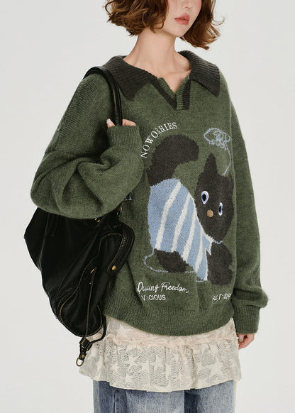 French Army Green Peter Pan Collar Dog Jacquard Knit Tops Winter