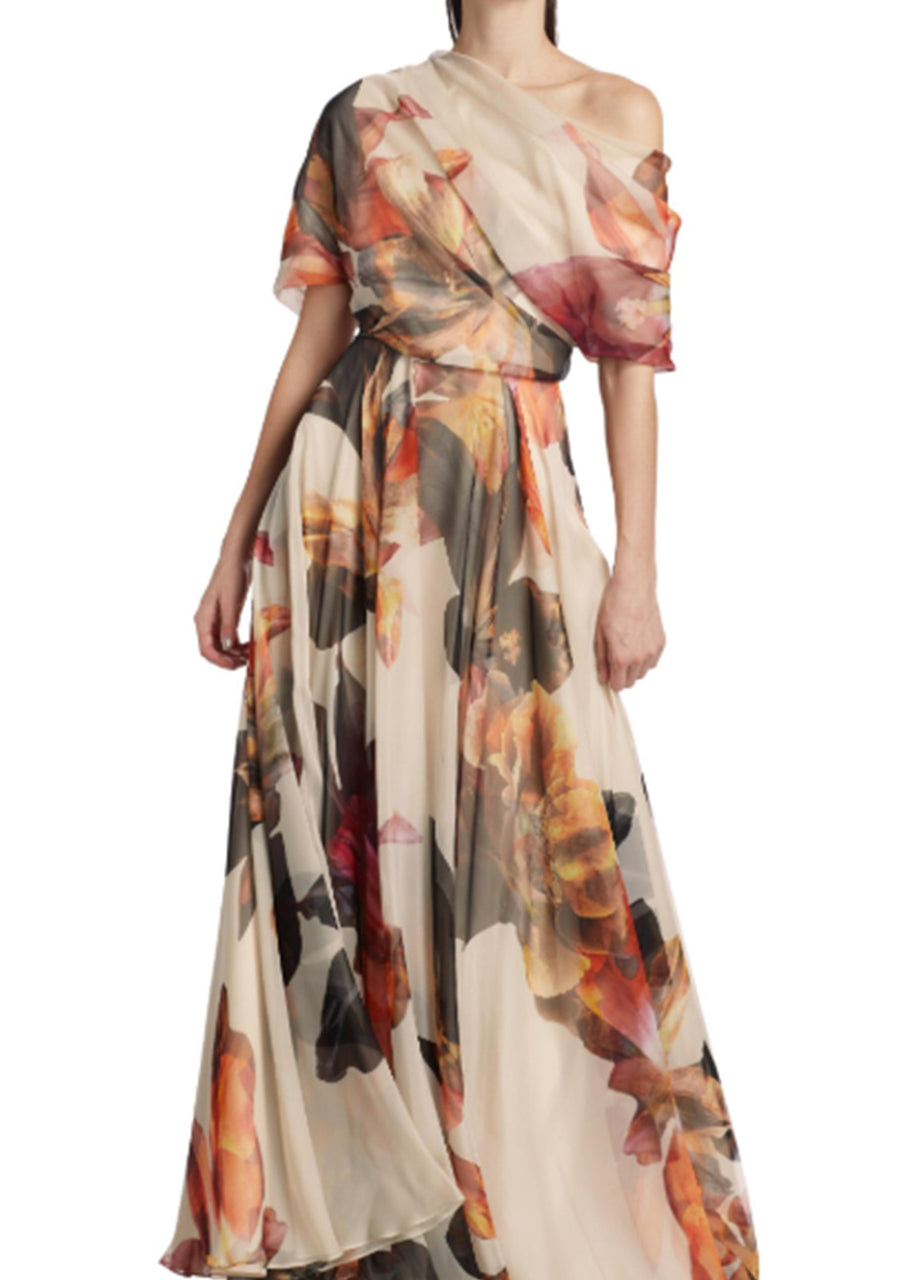 French Asymmetrical Print Chiffon Maxi Dresses Summer