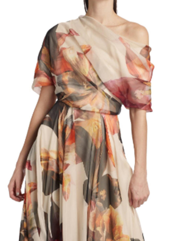 French Asymmetrical Print Chiffon Maxi Dresses Summer