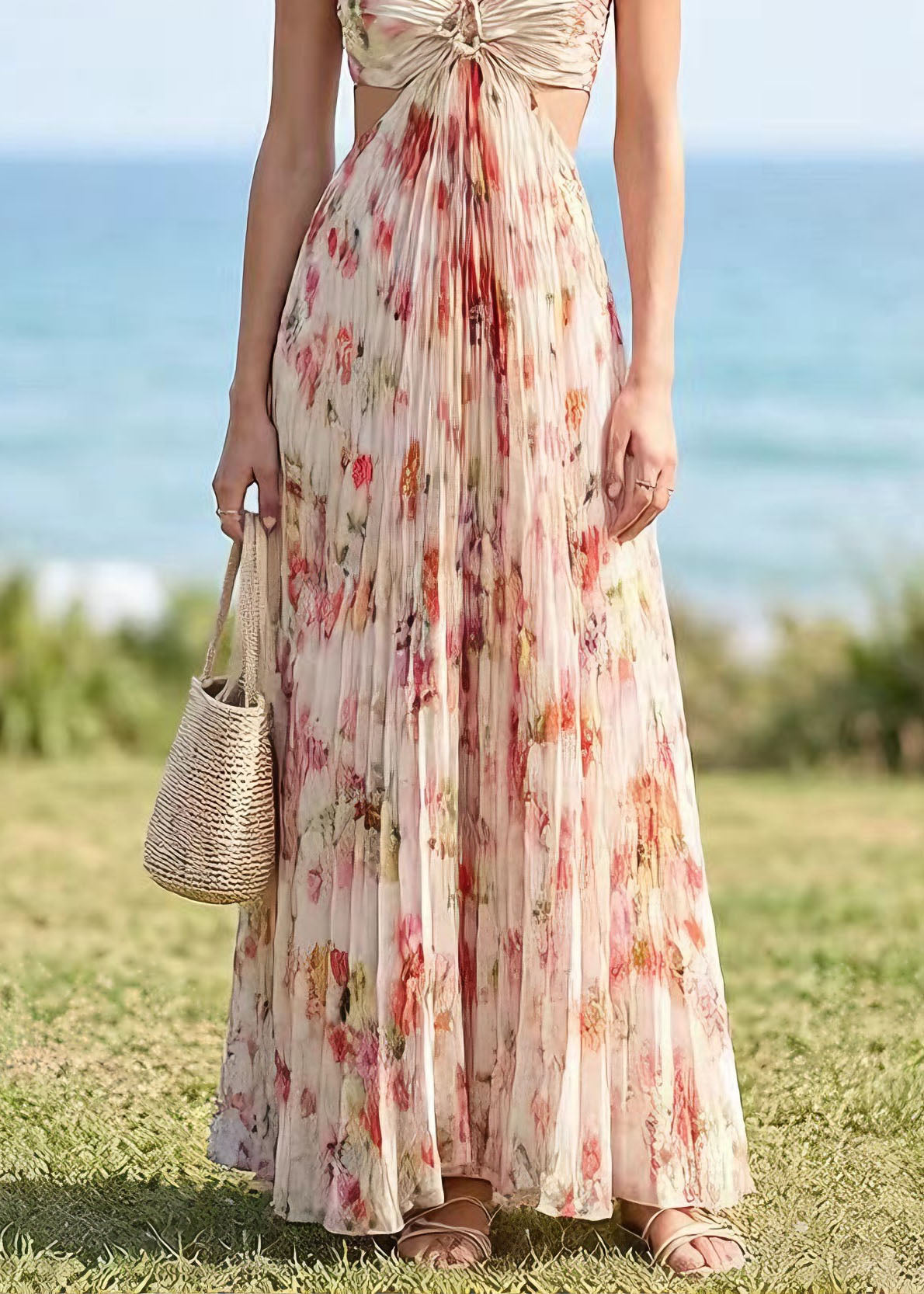 French Backless Print Halter Lace Up Chiffon Dress Summer