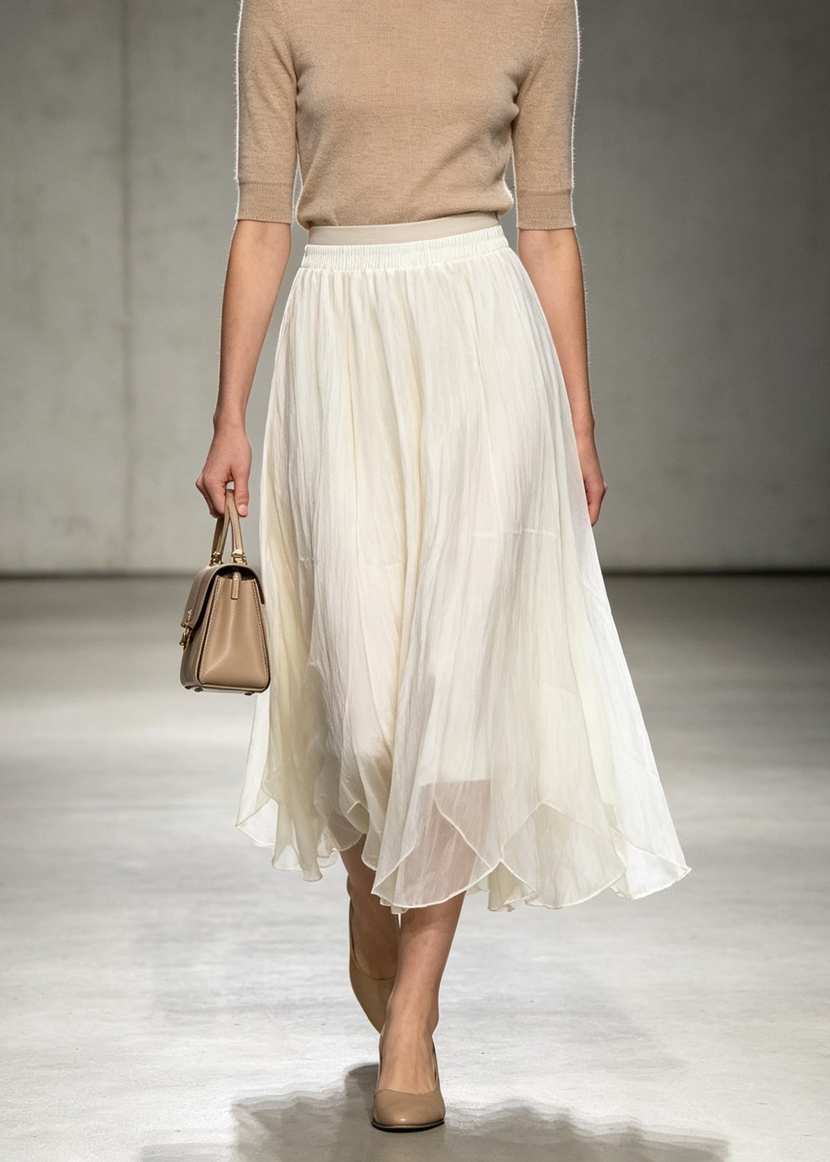 French Beige Asymmetrical Elastic Waist Tulle Skirts Fall