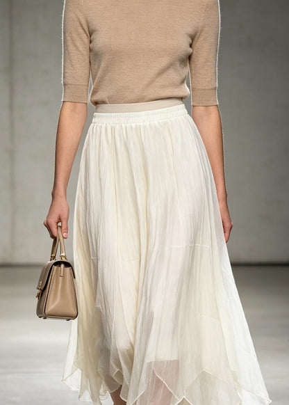 French Beige Asymmetrical Elastic Waist Tulle Skirts Fall