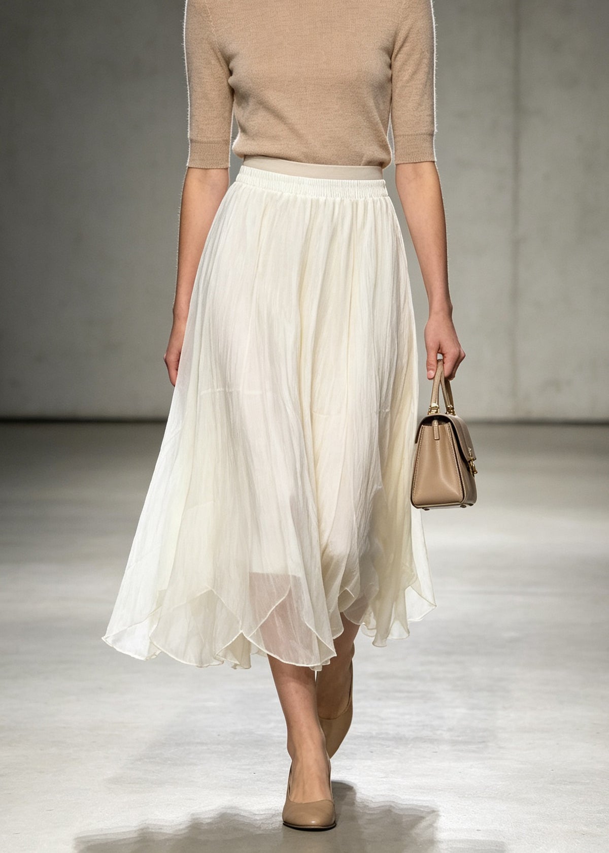 French Beige Asymmetrical Elastic Waist Tulle Skirts Fall