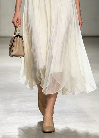 French Beige Asymmetrical Elastic Waist Tulle Skirts Fall