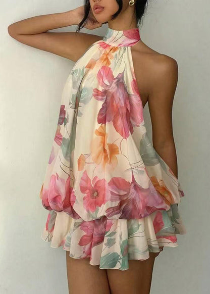 French Beige Cold Shoulder Lace Up Print Chiffon Mini Dress Summer