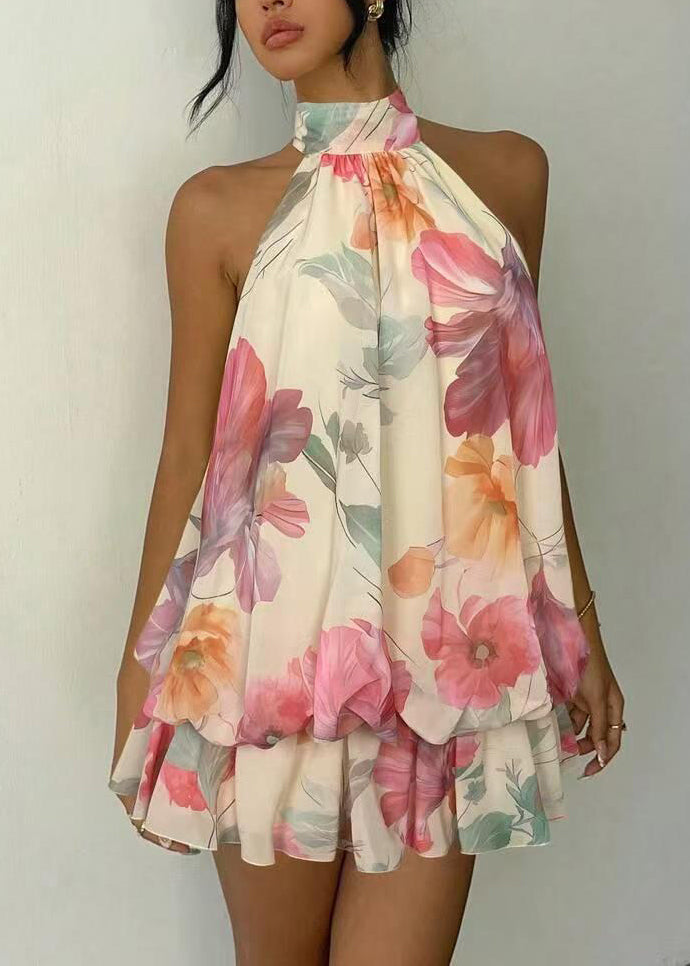 French Beige Cold Shoulder Lace Up Print Chiffon Mini Dress Summer