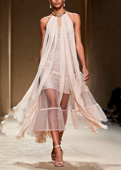 French Beige Cold Shoulder Mesh Halter Dress Summer