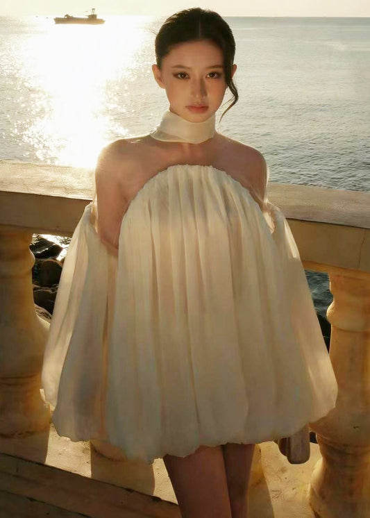 French Beige Cold Shoulder Patchwork Tulle Mini Dresses Lantern Sleeve