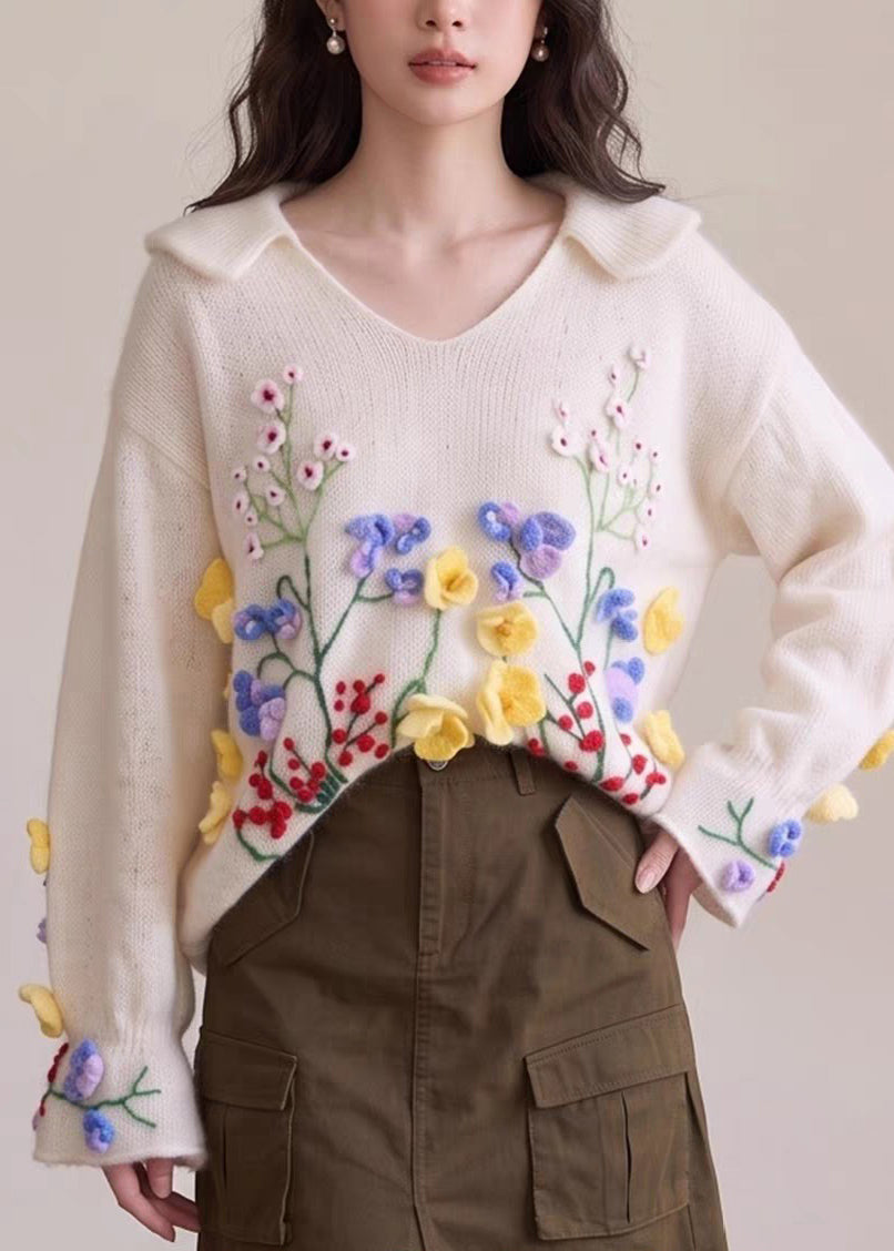 French Beige Embroidered Floral Cotton Knit Sweaters Fall