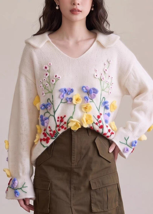 French Beige Embroidered Floral Cotton Knit Sweaters Fall