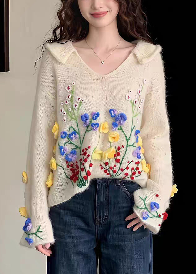 French Beige Embroidered Floral Cotton Knit Sweaters Fall