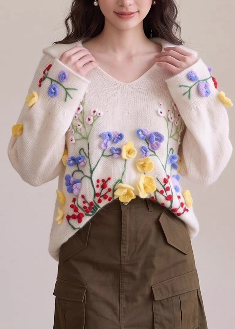 French Beige Embroidered Floral Cotton Knit Sweaters Fall