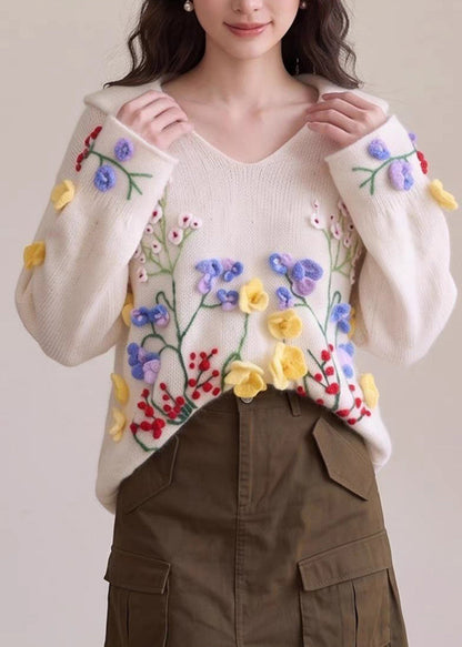 French Beige Embroidered Floral Cotton Knit Sweaters Fall