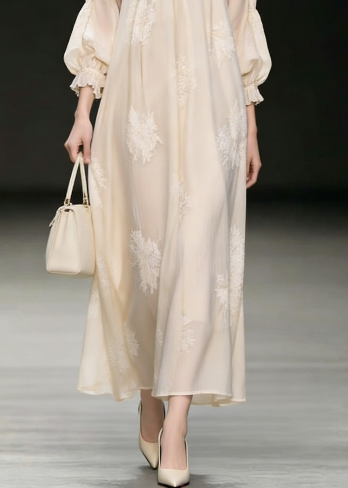 French Beige Embroidered Silk Vacation Dresses Spring
