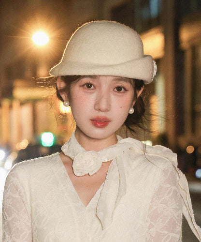 French Beige Floral Pearl Woolen Bucket Hat
